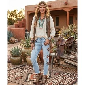 Jessica Simpson Mika Best Friend Jeans 26 Aztec Embroidered Boho Distressed Blue
